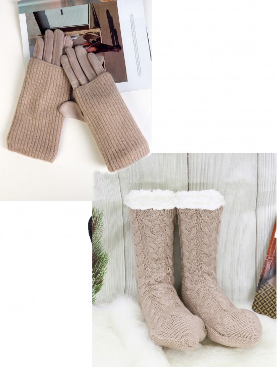 Knitted Double Layer Touch Screen Glove + Cable Knitted Indoor Anti-Skid Slipper Socks Set (GL121708BEG+ SC1134-05	)